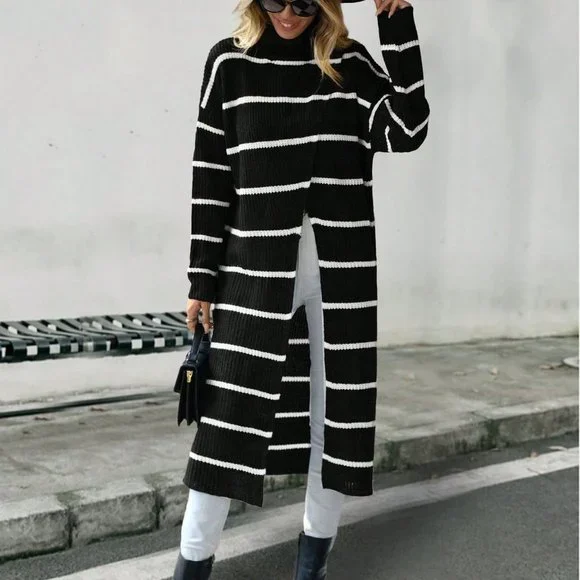 Black and White Casual Striped Pattern Drop Shoulder Split Hem Longline Sweater - Picture 6 of 6